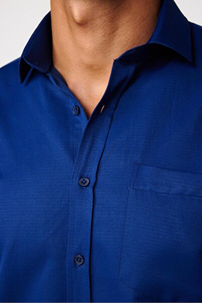 Tudors Erkek Regular Fit Klasik Kesim Kravatlık Armürlü İndigo Gömlek