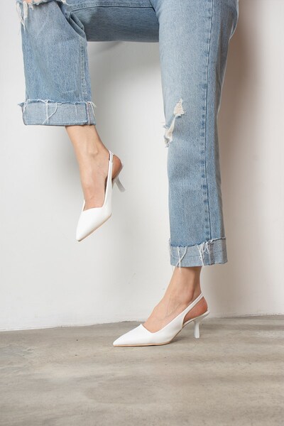 Nstil Daily Women's White Pointed Toe Flat Patternless Open Back Heeled Zara Model Evening Dress Shoes 101a