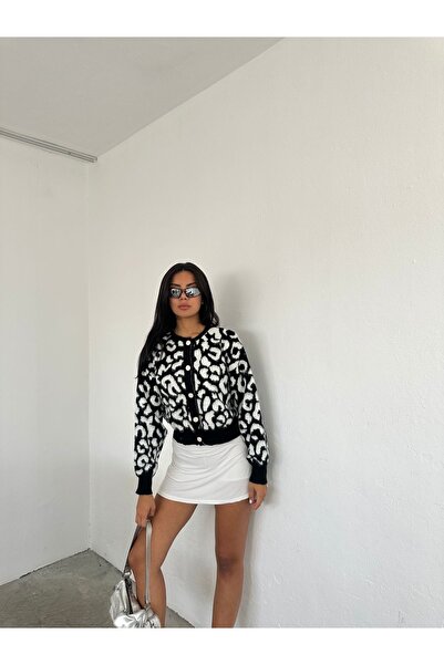 Paragon Leopard Print Black Knitwear Cardigan with Button and Beard