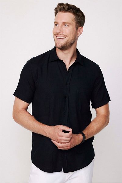 Tudors Men's Regular Fit Classic Cut 100% Cotton Linen Texture Black Shirt with Pockets