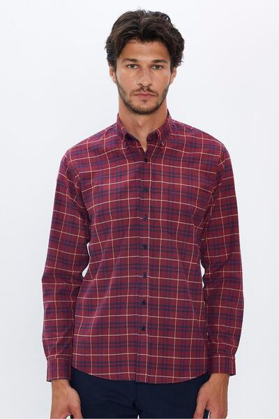Tudors Erkek Regular Fit Klasik Kesim Düğmeli Yaka Küçük Kareli Pamuklu Gömlek