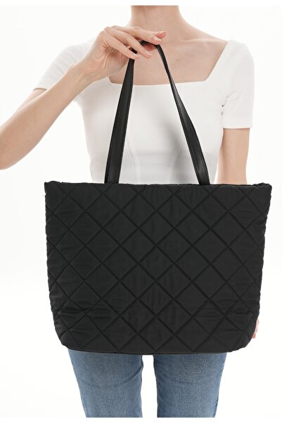 WITH-W Kadın Orjinal, Fermuarlı, Geniş Hacimli Kapitoneli Kumaş Omuz Çantası