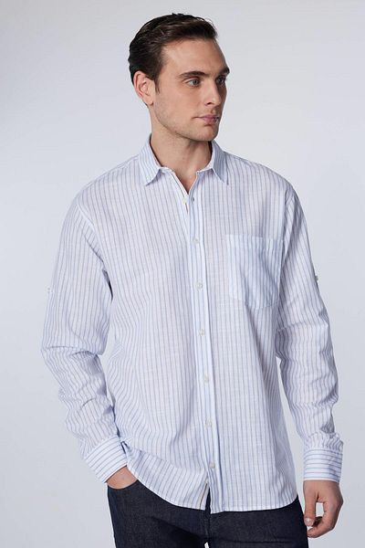 Tudors White Striped Classic Fit Men's Shirt - 100% Cotton Linen, Long Sleeve, Button Collar