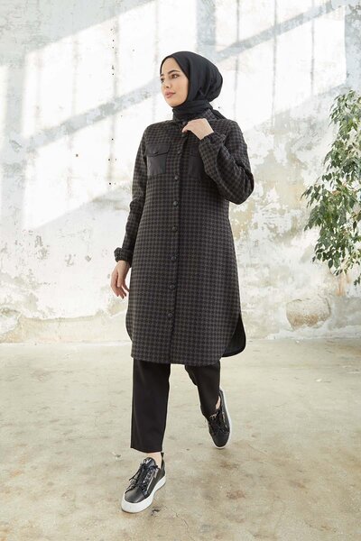 hakimoda Tesettür Boydan Düğmeli Tunik Kahverengi