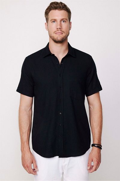 Tudors Men's Regular Fit Classic Cut 100% Cotton Linen Texture Black Shirt with Pockets