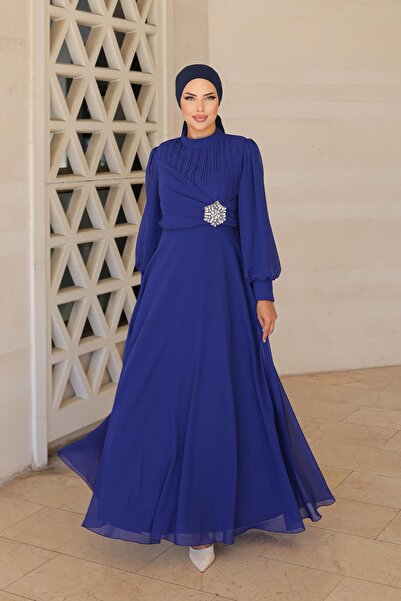 hakimoda Tesettür Büyük Beden Gizem Şifon Abiye Saks Mavisi