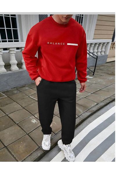 NO 601 Men's Red Balance Printed Crew Neck Black Tracksuit Set