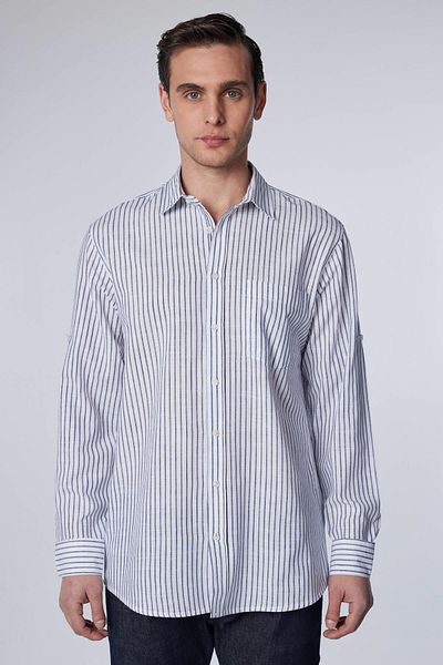 Tudors White Striped Classic Fit Men's Shirt - 100% Cotton Linen, Long Sleeve, Button Collar