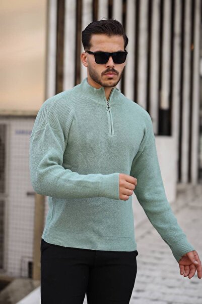 NO1 KONSEPT Pulover din tricot verde deschis din țesătură Thessaloniki cu jum...