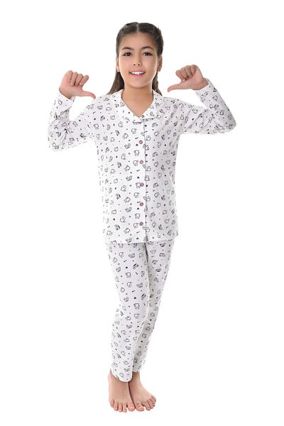 Little Frog Cotton Shirt Collar Button Flat Leg Girl's Pajama Suit