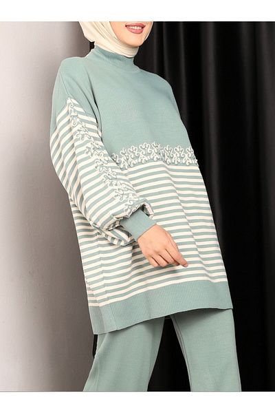 Modamorfo Süzene Embroidered Striped Knitwear Tunic -Mint