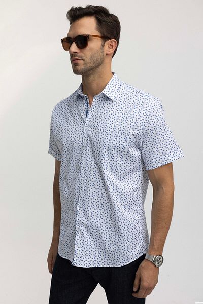 Tudors Men's Regular Fit Classic Cut Printed Lycra Collar Hidden Button White Shirt
