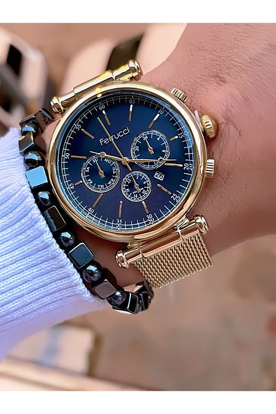 Ferrucci Steel Mesh Cord Gold Colored Men's Wrist Watch 3 Atm Waterproof with 2 Years Warranty