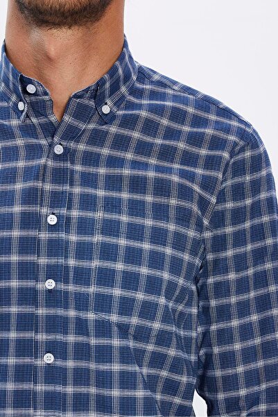 Tudors Erkek Regular Fit Klasik Kesim Düğmeli Yaka Küçük Kareli Pamuklu Lacivert Gömlek