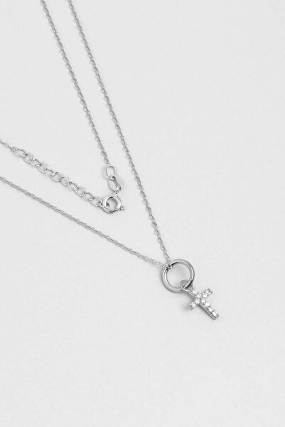 So CHIC... Minimal 18 Ayar Beyaz Altın Kaplama 43 Cm Gümüş Cross Kolye