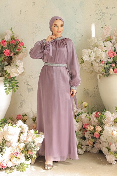 hakimoda فستان سارييم إشيلتي تاشلي باللون الأرجواني الفاتح مع حجاب