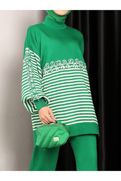 Modamorfo Süzene Embroidered Striped Knitwear Tunic - Green