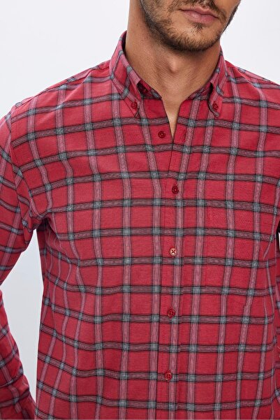 Tudors Erkek Regular Fit Klasik Kesim Pamuklu Tek Cepli Kareli Düğmeli Yaka Gömlek