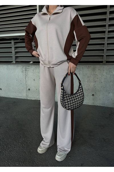 sportiness Wide Leg Modal Fabric Tracksuit Set with Overized Garnish Zipper