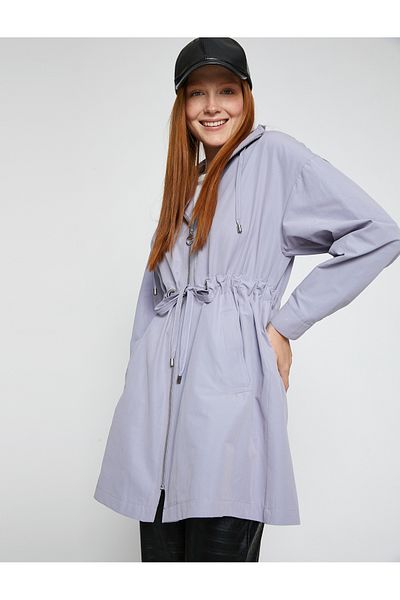 Koton Hooded Trench Coat with Tie Waist and Pocket Detail