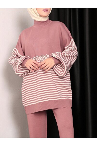 Modamorfo Süzene Nakışlı Çizgili Triko Tunik -g.kurusu