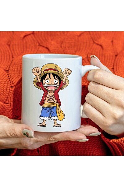 Dienzi One Piece Hasır Şapkalı Luffy Baskılı Hediyelik Beyaz Kupa Bardak