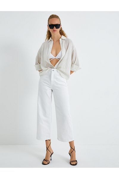 Koton Denim Trousers High Waist Wide Short Leg Jean