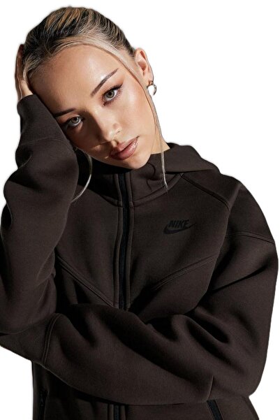 Nike Tech Fleece Windrunner суитшърт с качулка и цип отпред, кафяв Дамски суитшърт с качулка и цип отпред