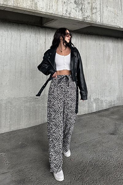 New Now Leopard Pattern, Suede Fabric, High Waist, with Elastic Waist Strap, Lace Detail, Genis Break Pant