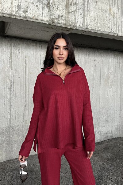 New Now Zippered Collar Long Sleeve Bluz with Slipping Slipping Side Zippered Pants Suit