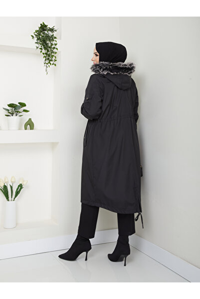 DERFA 1032 Büyük Beden İçi Kapüşonu Tüylü Beli Bağcıklı 3 Cep Kadın Kap