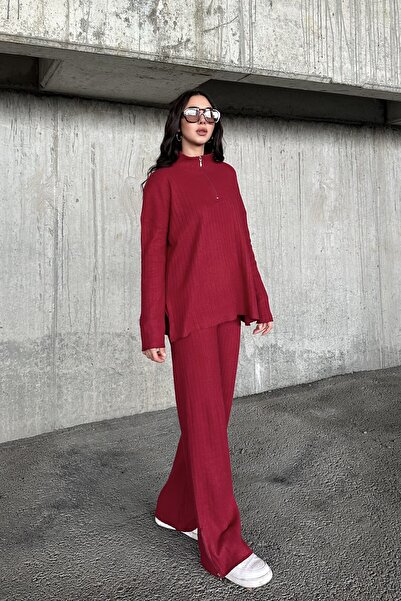 New Now Zippered Collar Long Sleeve Bluz with Slipping Slipping Side Zippered Pants Suit
