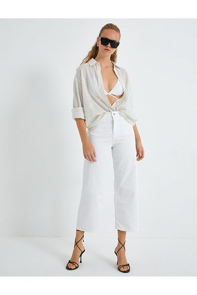 Koton Denim Trousers High Waist Wide Short Leg Jean
