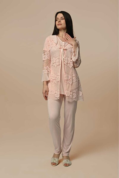 Lohussa Kadın Pembe Dantelli Özel Tasarım Kısa Kol Pamuk Hamile Lohusa Sabahl...