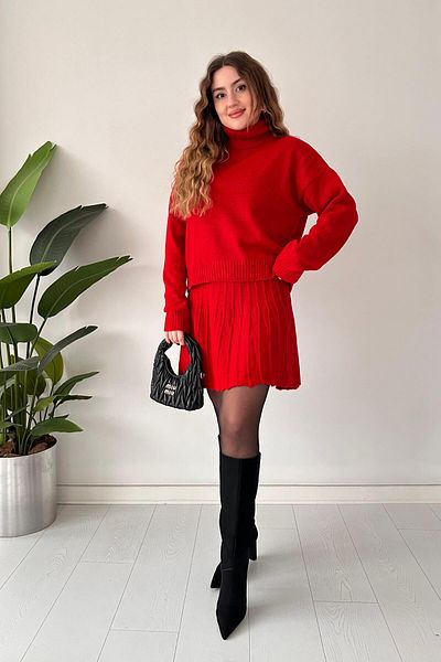 MaziButik Red Flared Knitwear Set