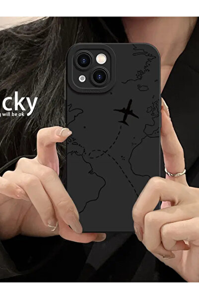 KVK PRİVACY İphone 15 Uyumlu Kılıf Mat Siyah Harita Desenli Darbelere Dayanıklı Yumuşak Kamera Korumalı Kapak