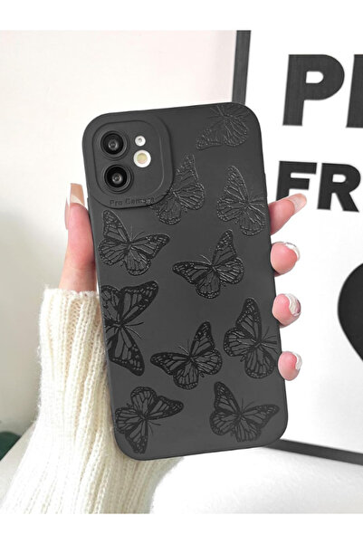 KVK PRİVACY İphone 12 Uyumlu Kılıf Mat Siyah Kelebek Desenli Darbelere Dayanı...