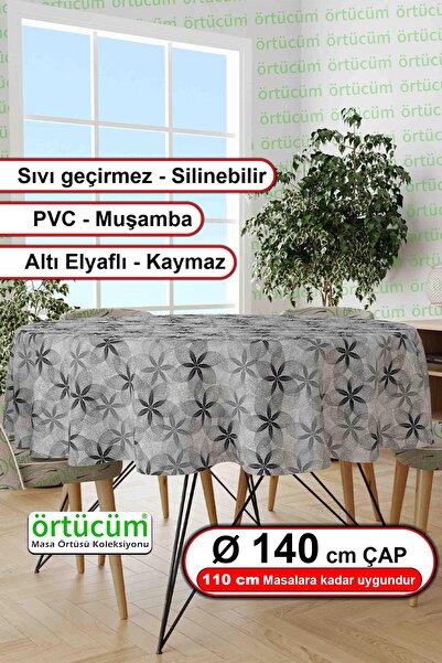Örtücüm Yuvarlak Pvc Muşamba Astarlı Masa Örtüsü Geometrik Desenli Silinebili...