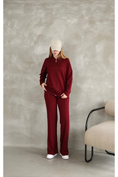 sportiness OVERSİZE FERMUARLI ÇIMA DETAYLI  GENİŞ PAÇA MODAL KUMAŞ EŞOFMAN TAKIM