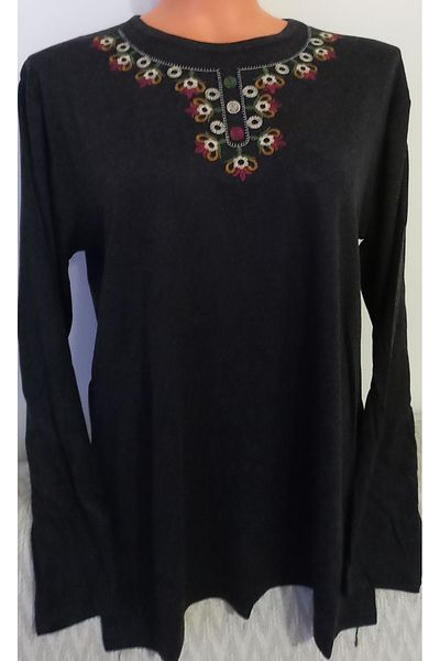 Anne Smoked Er Clothing - Winter Cotton Combed, Long Sleeve, Crew Neck Embroidery Blouse