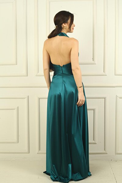 By Saygı Women's V-Neck Low-Cut Pleated Top Knitted Satin Long Dress