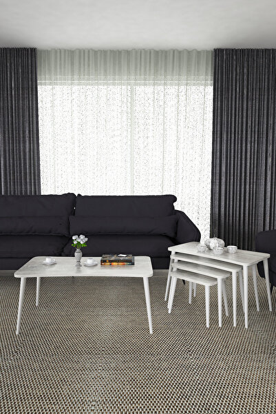 ÜNKAY Milas 5li Orta Sehpa Ve Zigon Sehpa Beyaz Ahşap Ayaklı Çay Kahve Sehpas...