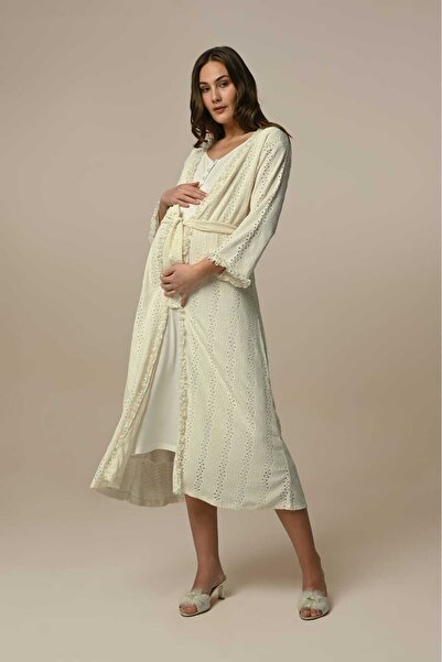 CT MODA Kadın Ekru Jakarlı Dantelli Özel Tasarım  %100 Pamuk Hamile Lohusa Sa...