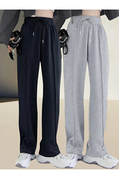 CAONNES 2pcs أسود رمادي فضفاض فضفاض كامل يموت قطع بسط عارضة القماش Sweatpants