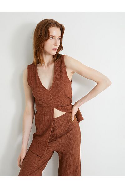 Koton New Season V-Neck Top with Textured Front Slit