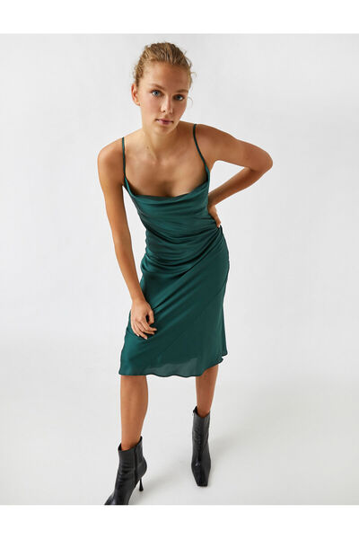 Koton Rochie midi din satin cu bretele subțiri cu decolteu