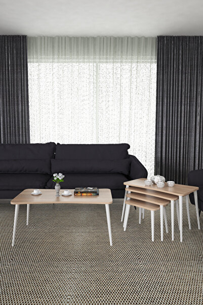 ÜNKAY Milas 5li Orta Sehpa Ve Zigon Sehpa Beyaz Ahşap Ayaklı Çay Kahve Sehpas...