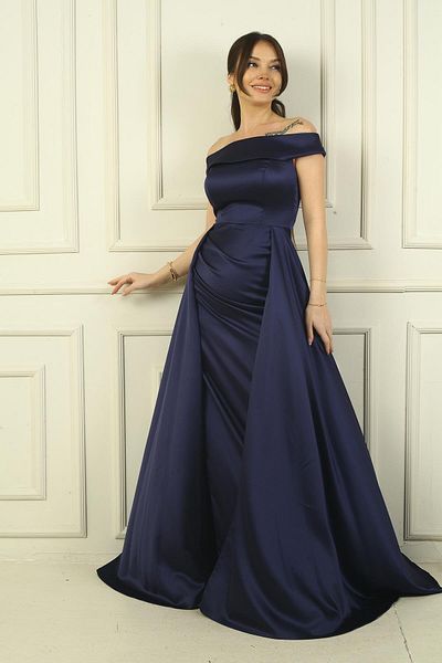 By Saygı Women's Madonna Neck Front Gathered Lined Satin Long Dress with Cape