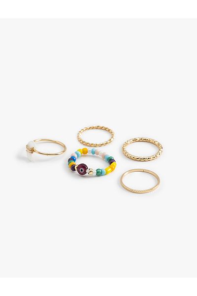 Koton Set of 5 Steel Blended and Beaded Rings