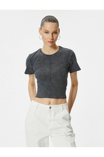 Koton Crop T-Shirt Pale Effect Short Sleeve Crew Neck Cotton